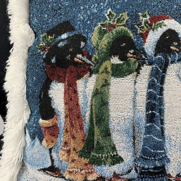 Caroling Penguins Pillow Lynne Jones Christmas Tapestry Throw Pillow 16” - Picture 2 of 6